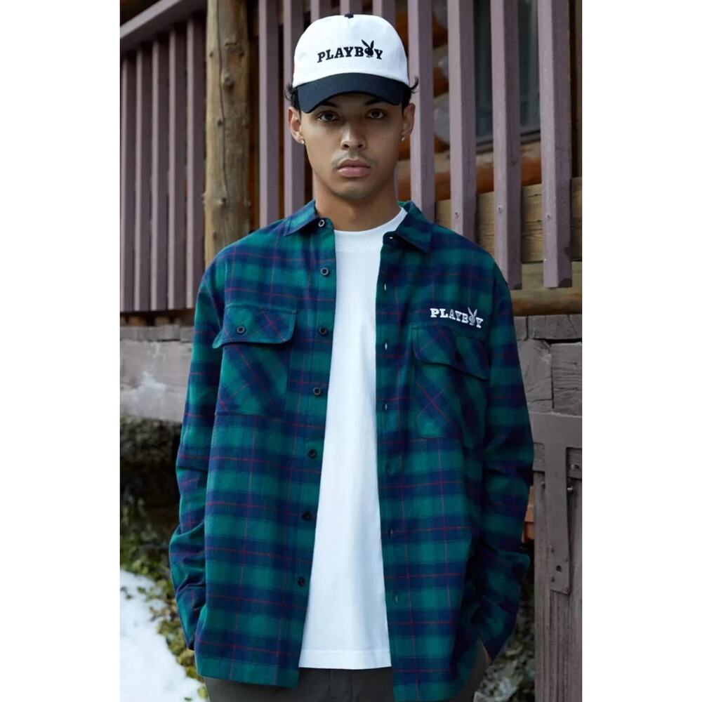 Playboy PacSun Green Blue Plaid Flannel Shirt Men’s Medium Long Sleeve - Picture 8 of 9
